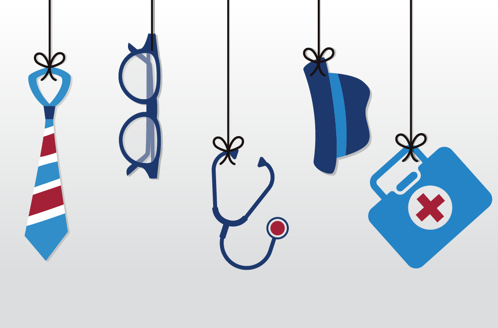 Illustration of a tie, glasses, stethoscope, hat and medical bag hanging from playful strings